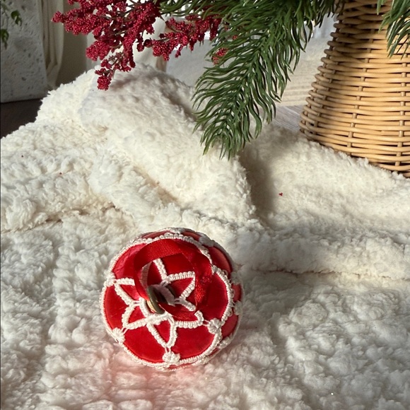 Vintage Red Satin Christmas Ornament with White Crochet Lace Overlay - Picture 2 of 4